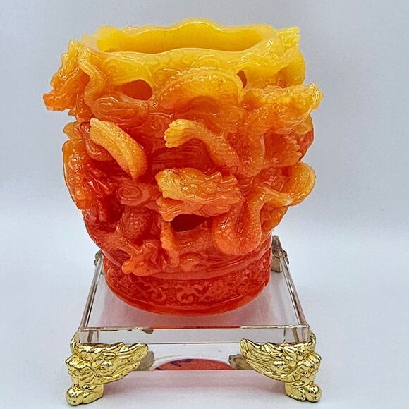 Dragon Decor Pencil Holder Vtg Chinese Stone Carving Desk Gift Year of Dragon - Picture 3 of 12